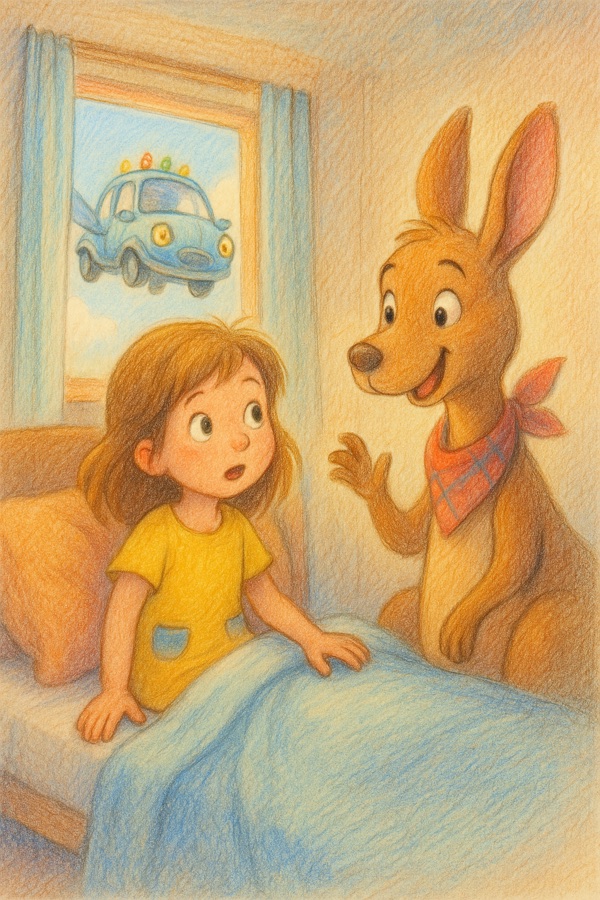 Illustration aus Band 1: Das Känguru Karl erscheint an Lillys Bett, vor dem Fenster schwebt ein fliegendes blaues Auto