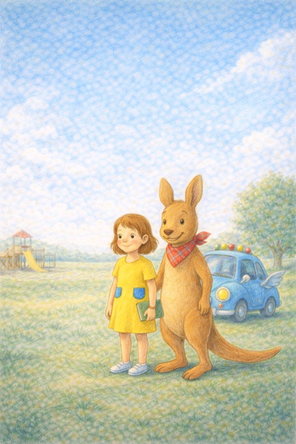Illustration aus Band 3: Lilly und Karl stehen Arm in Arm auf einer Wiese, im Hintergrund Spielplatz und Karls fliegendes Auto