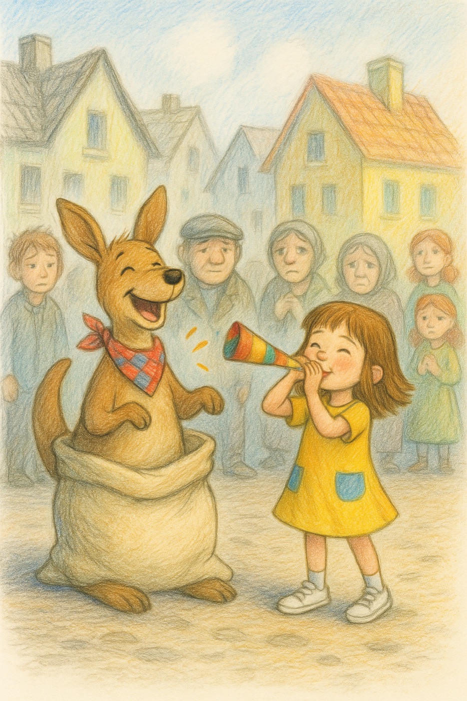 Illustration: Lilly jubelt mit einer Papiertröte, das Känguru Karl lacht fröhlich