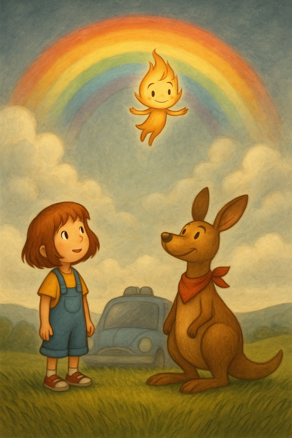 Illustration: Ein Mädchen bringt einem trüben Regenbogen die Farben zurück